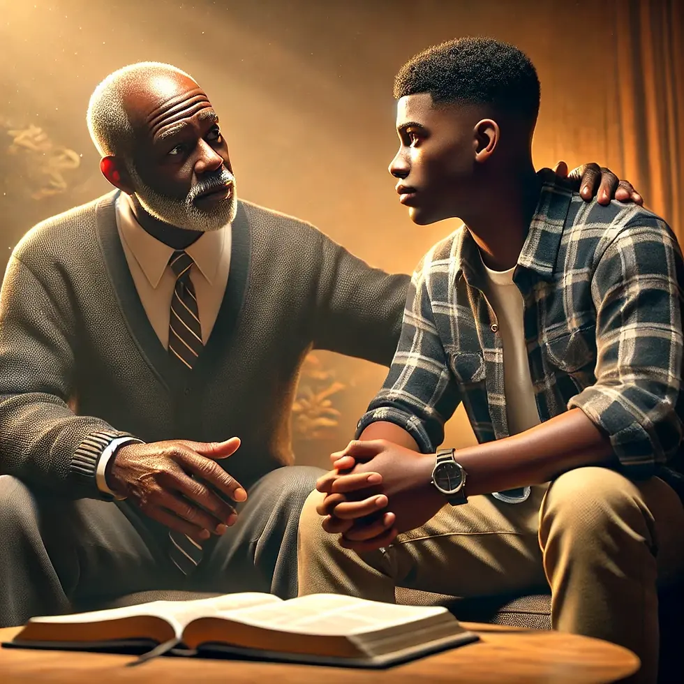 A Black man mentoring a younger Black man, symbolizing leadership and discipleship. They are seated together, engaged in meaningful conversation, with an open Bible between them, emphasizing faith-based leadership, wisdom, and guidance.
