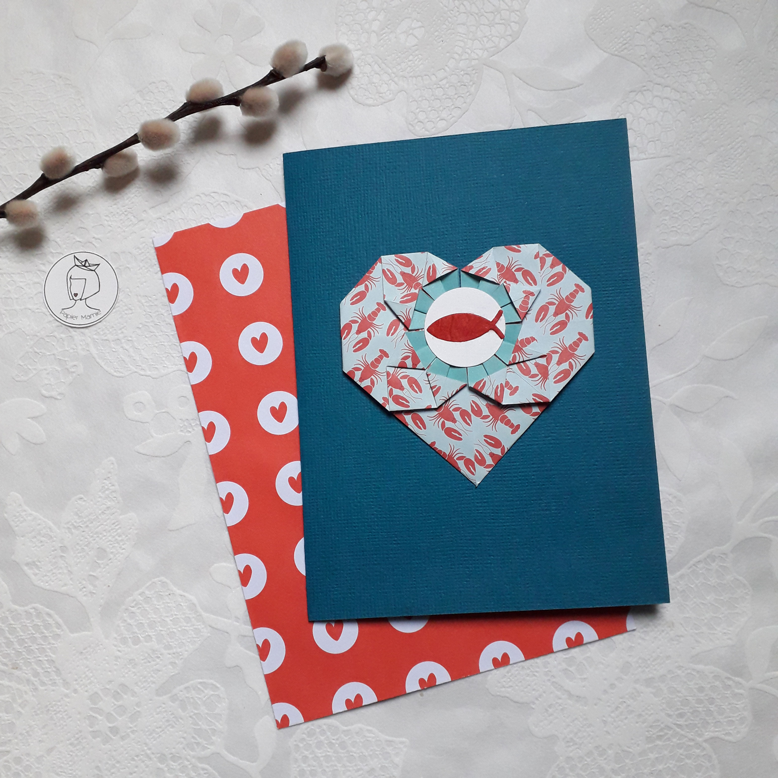 Carte cœur océan rouge/bleu canard