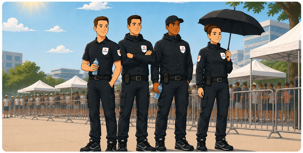 Illustration représentant des agents de GPS Sécurité en mission lors d'un événement en extérieur pendant une période de canicule, mettant en avant la prévention des risques liés aux fortes chaleurs et la sécurité du public.