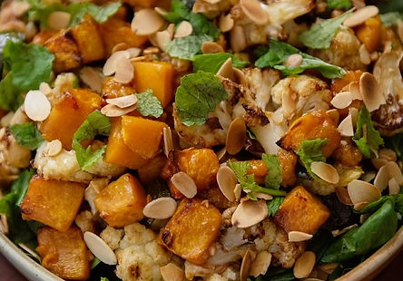 Garlicky gingery warm golden roasted veg