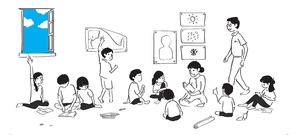 children learning together with a teacher supervising them.