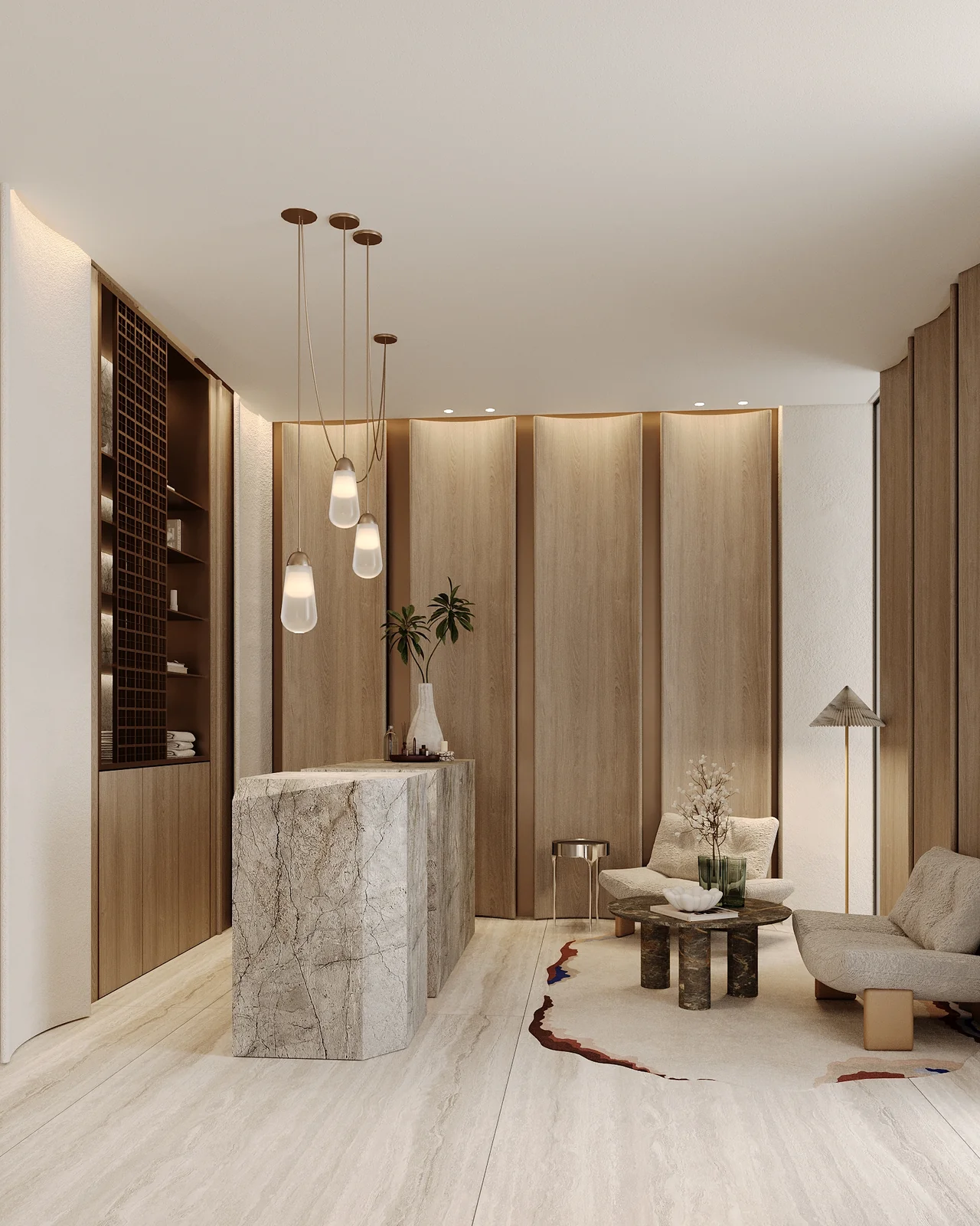 Limestone spa reception design with a stone counter, lounge seating and warm timber finishes.