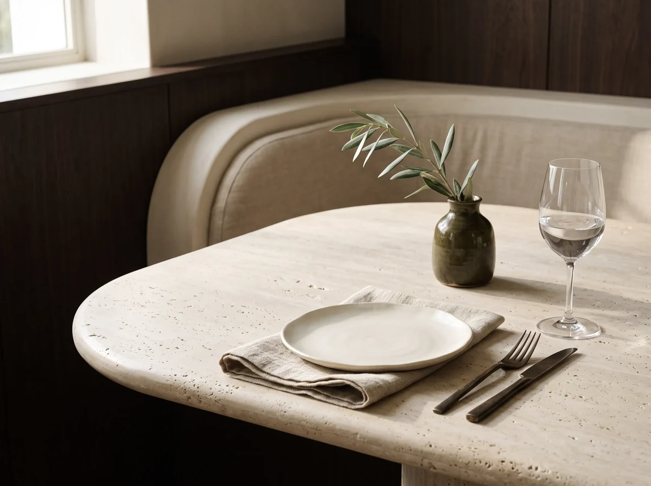 Hospitality material study with a travertine table, handmade ceramic plate, linen and bronze cutlery