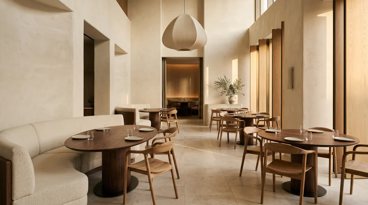 Restaurant design study with curved cream banquettes, walnut dining tables and filtered natural light