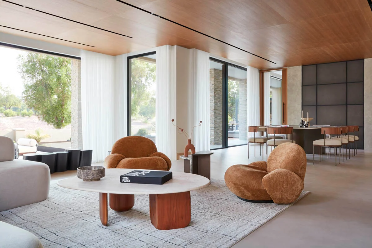 Palm Desert residential interior with natural wood and a warm desert-inspired palette