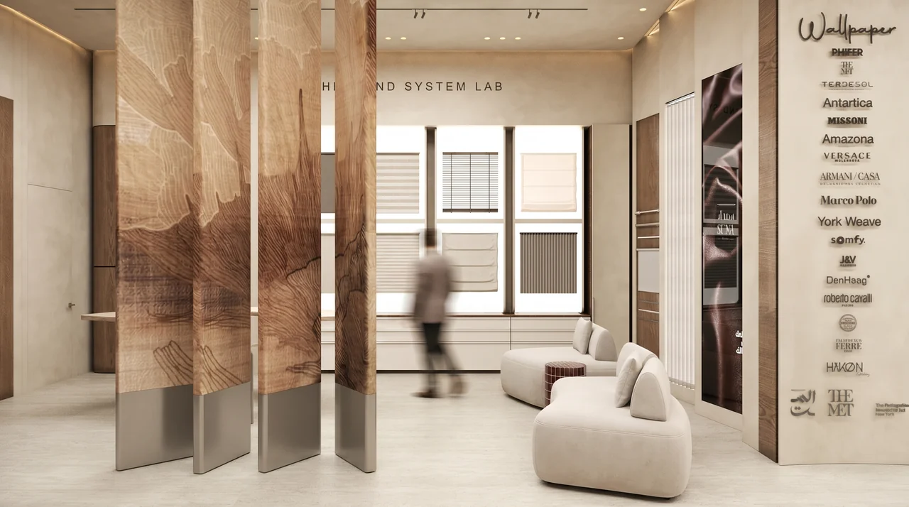 Sedar textile showroom with suspended warm-toned display panels, pale seating and wood-lined openings.