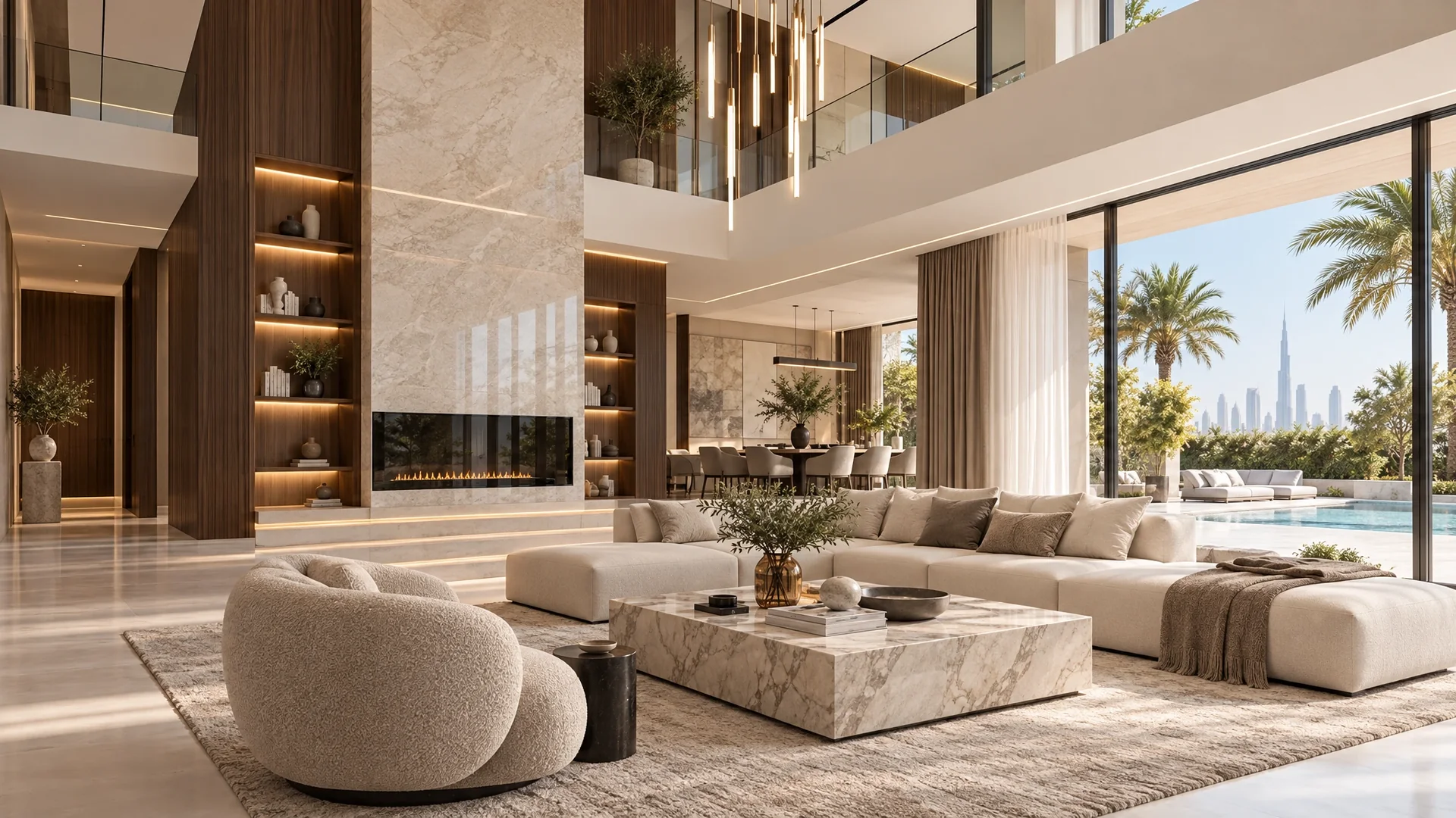 Double-height villa interior with low cream sofas, a rounded bouclé lounge chair and a marble block coffee table