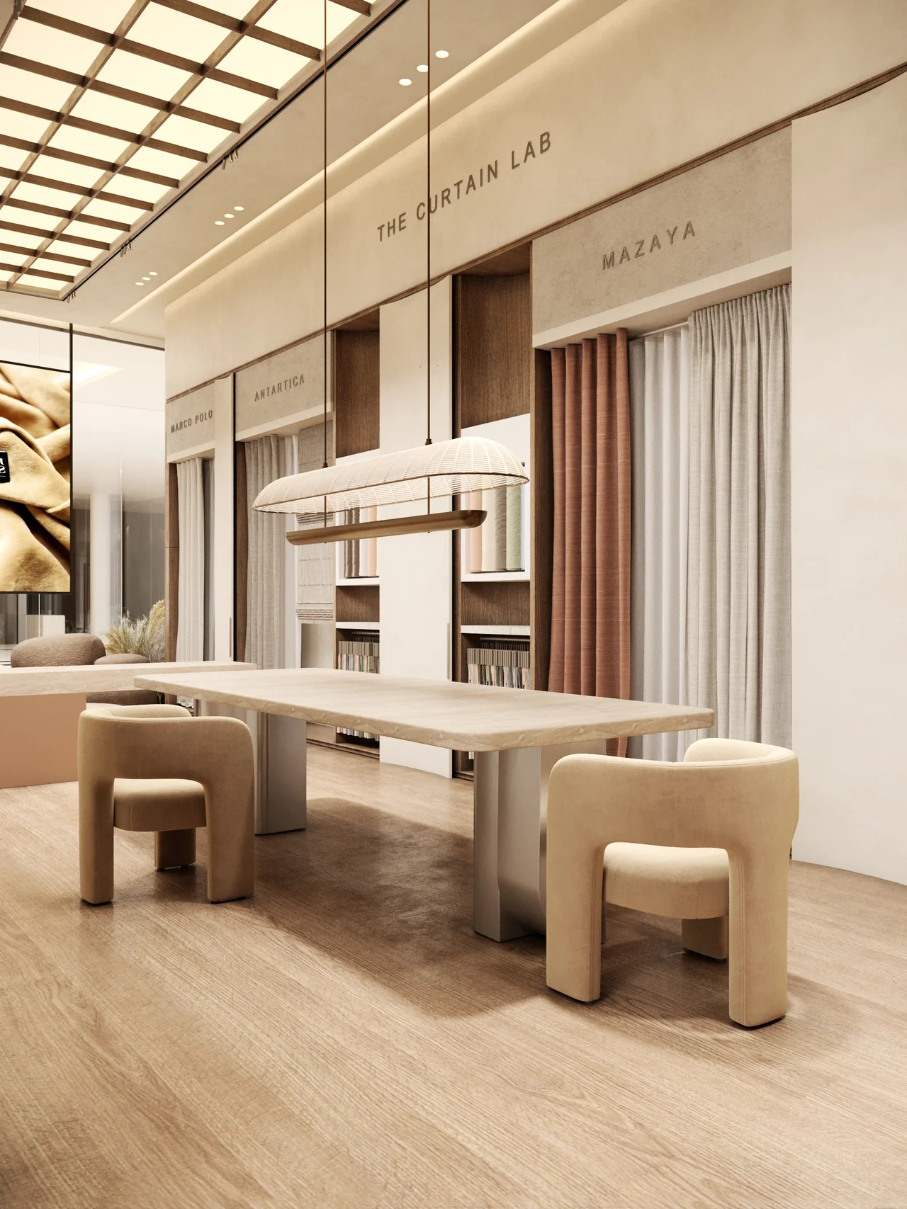Sedar showroom consultation table beneath a gridded ceiling, surrounded by curtain and textile displays.