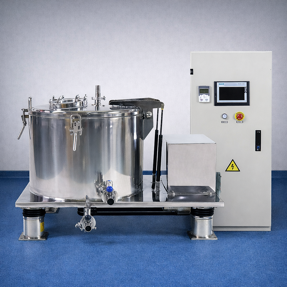 Close-up view of industrial centrifuge drum in stainless steel