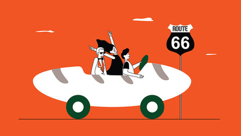 Three people driving on a baguette on a orange background on route 66
