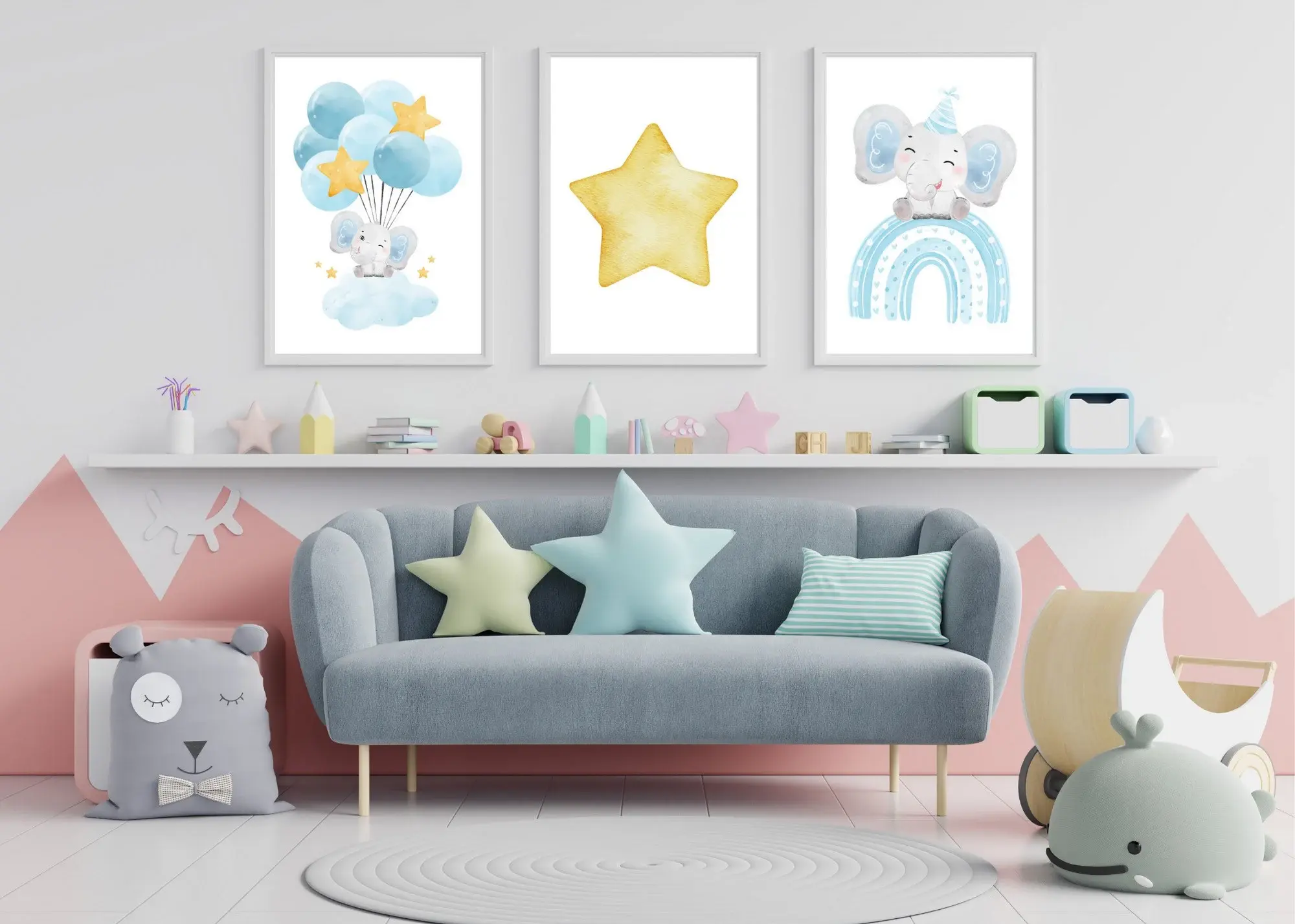 Nursery Art set of 3, Blue Baby Elephant and Star Wall Art, Kids Room Wall Art