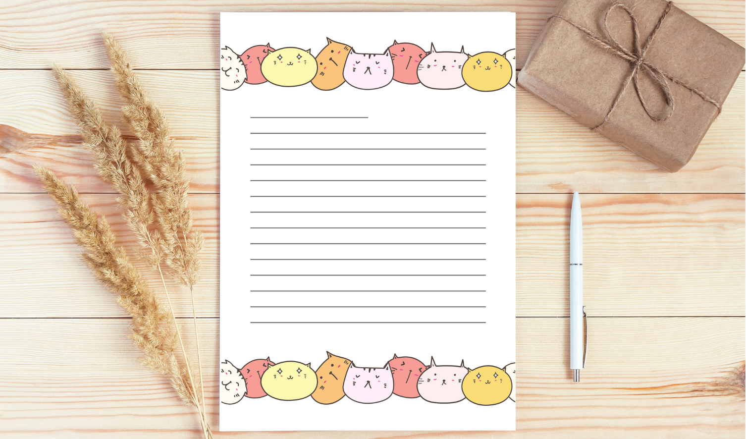 Printable writing paper with and without lines, Cute cats letterhead template