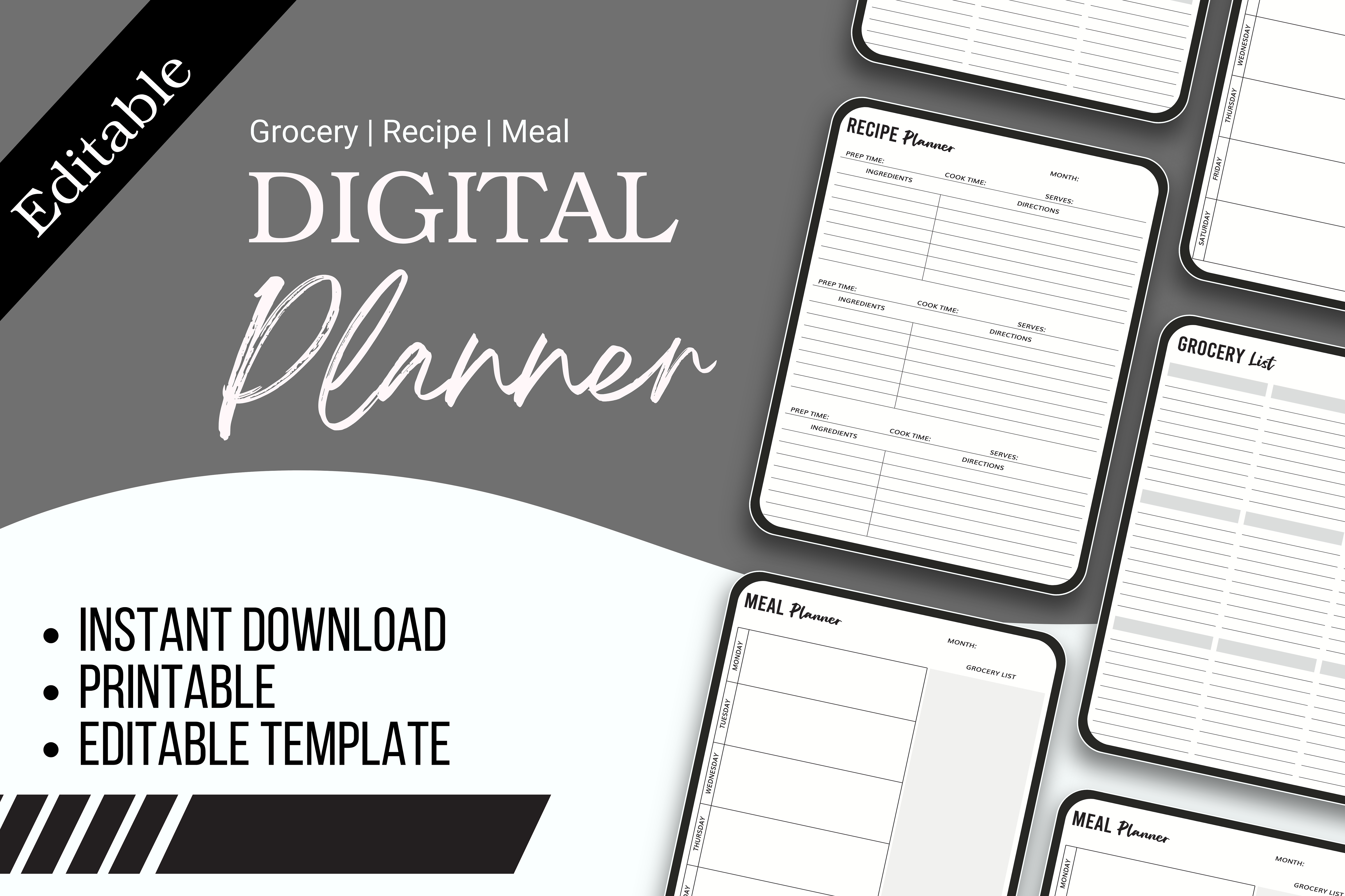 Digital Meal Planner, Grocery List, Recipe Organizer, Instant Download