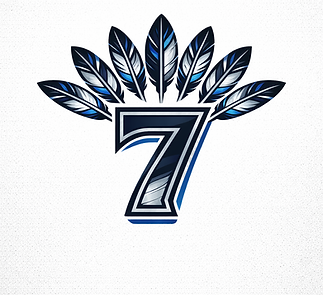 The number 7 logo with seven dark blue and white feathers