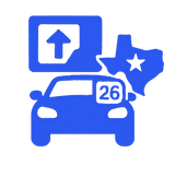Icon of a car with windshield sticker and Texas map, representing vehicle sticker renewal service in Texas.