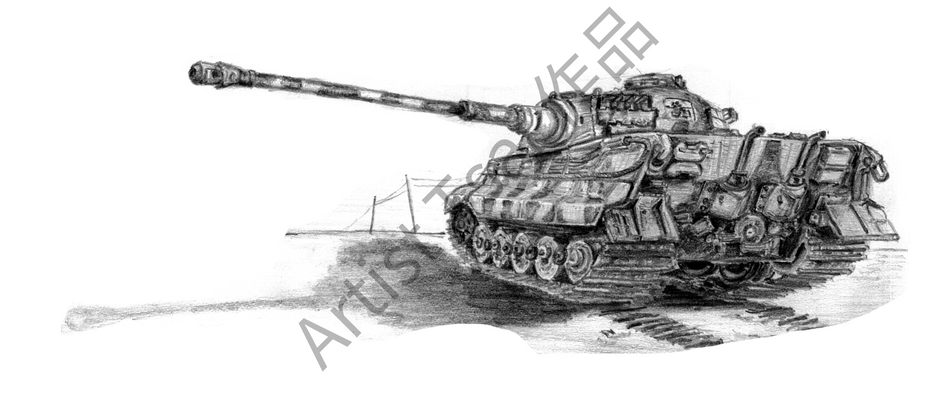德國二戰 Tiger II 虎王戰車 手繪軍事素描插畫