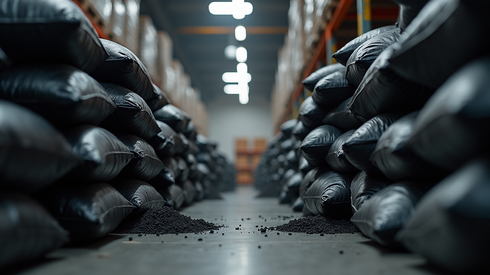 Eye-level view of stacked charcoal bags in a warehouse