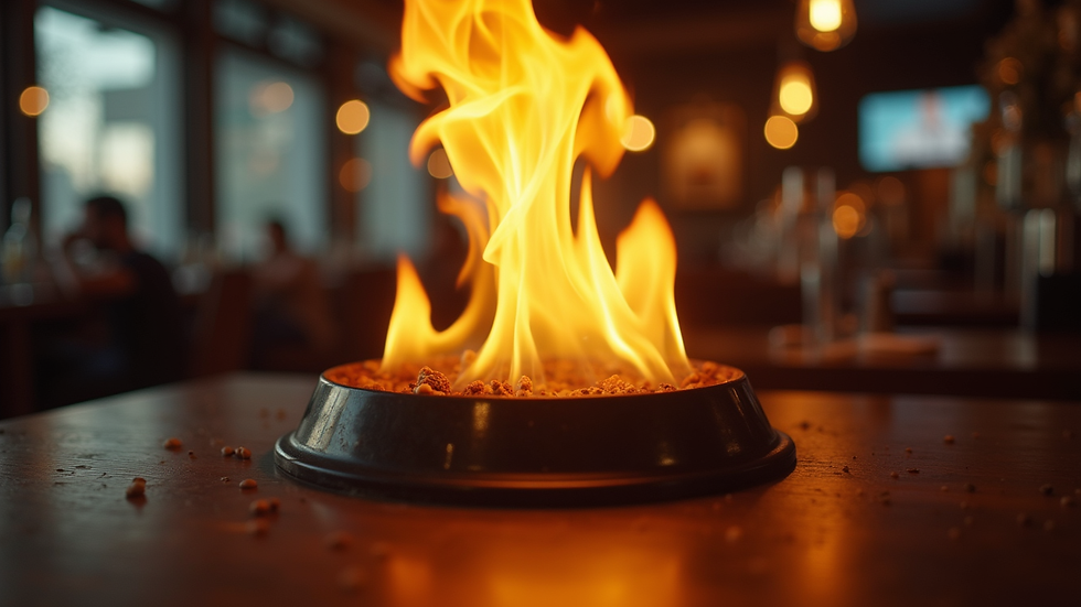 Eye-level view of gel fuel burning in a restaurant setting
