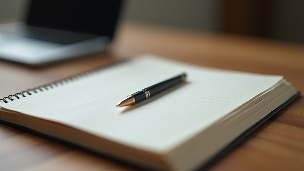 Close-up view of a journal and pen on a wooden table