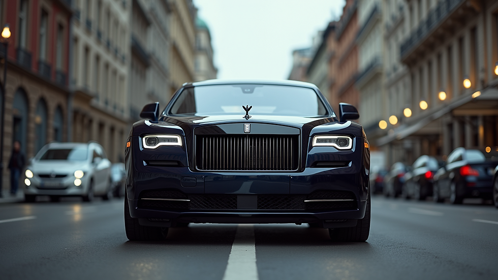 Eye-level view of a luxury car parked in an urban setting