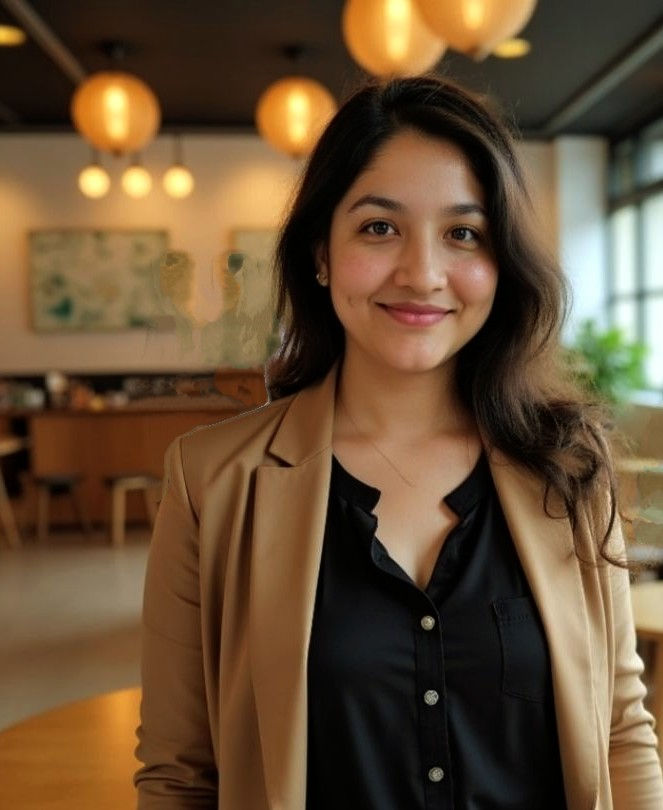 Smiling woman in a tan blazer and black shirt stands in a warmly lit café. Round light fixtures hang above, and blurry art decorates the walls.