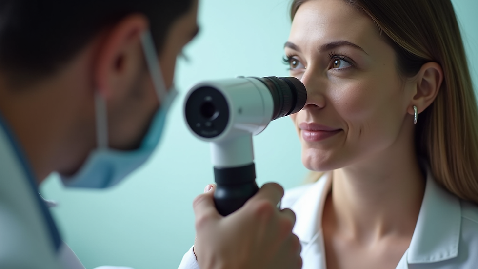 Close-up view of a dermatologist examining a patient's skin with a dermatoscope