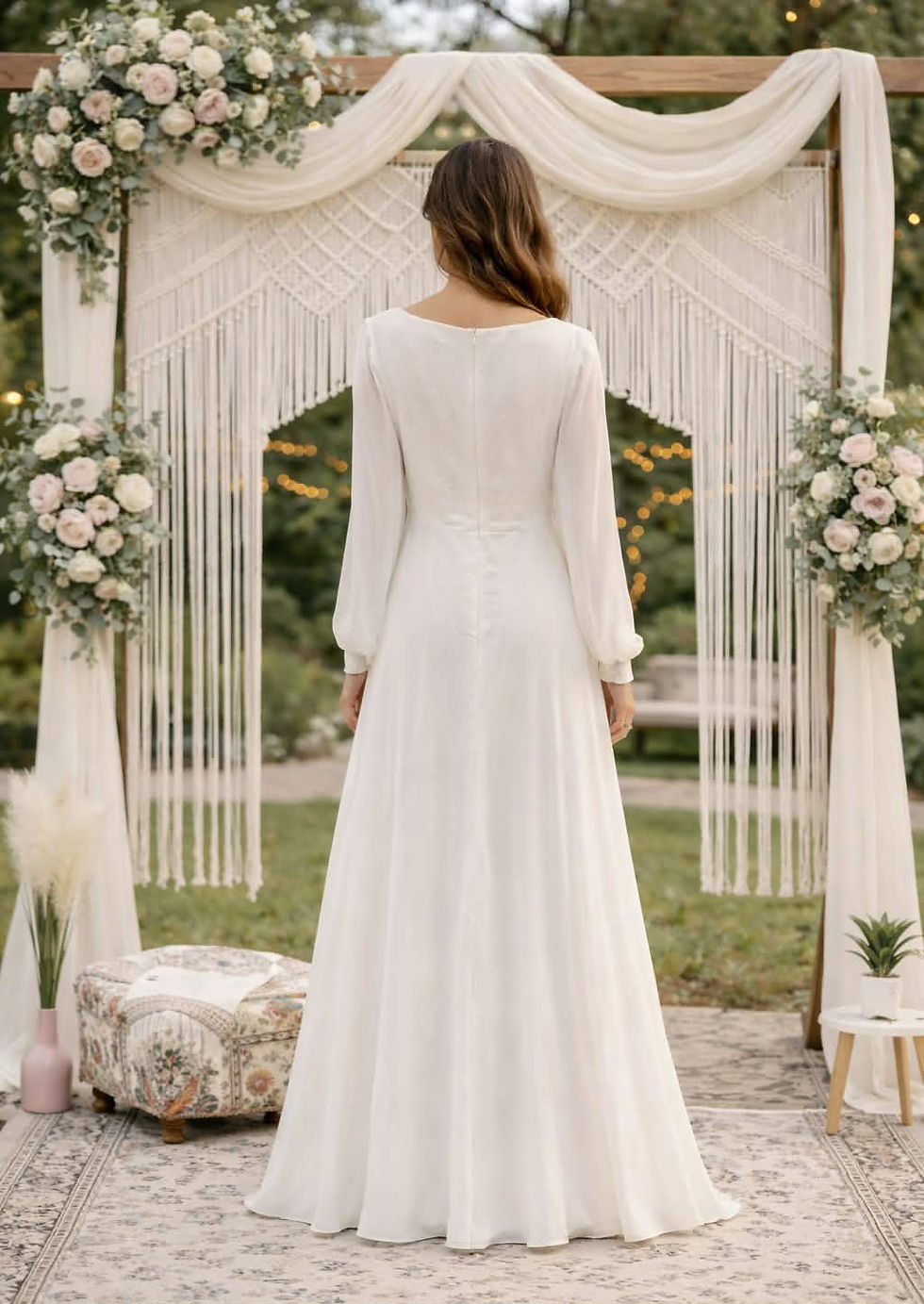 Thumbnail: Woman in long-sleeved white wedding dress, back view