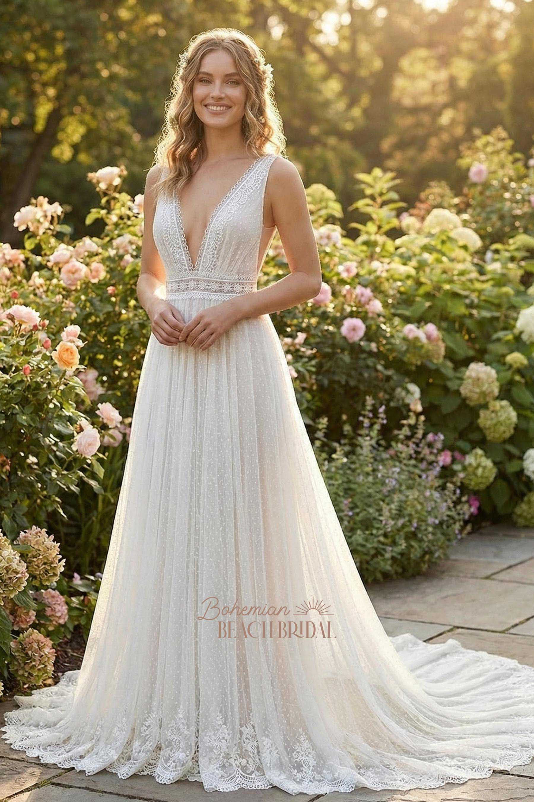 Smiling woman in a flowing V-neck wedding dress in a garden