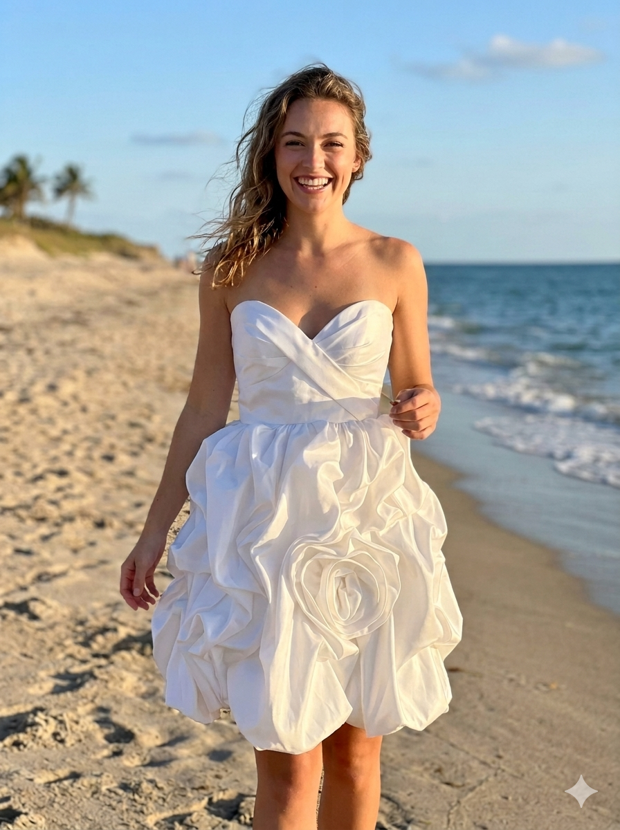 Smiling woman in white ruffled strapless dress on beach