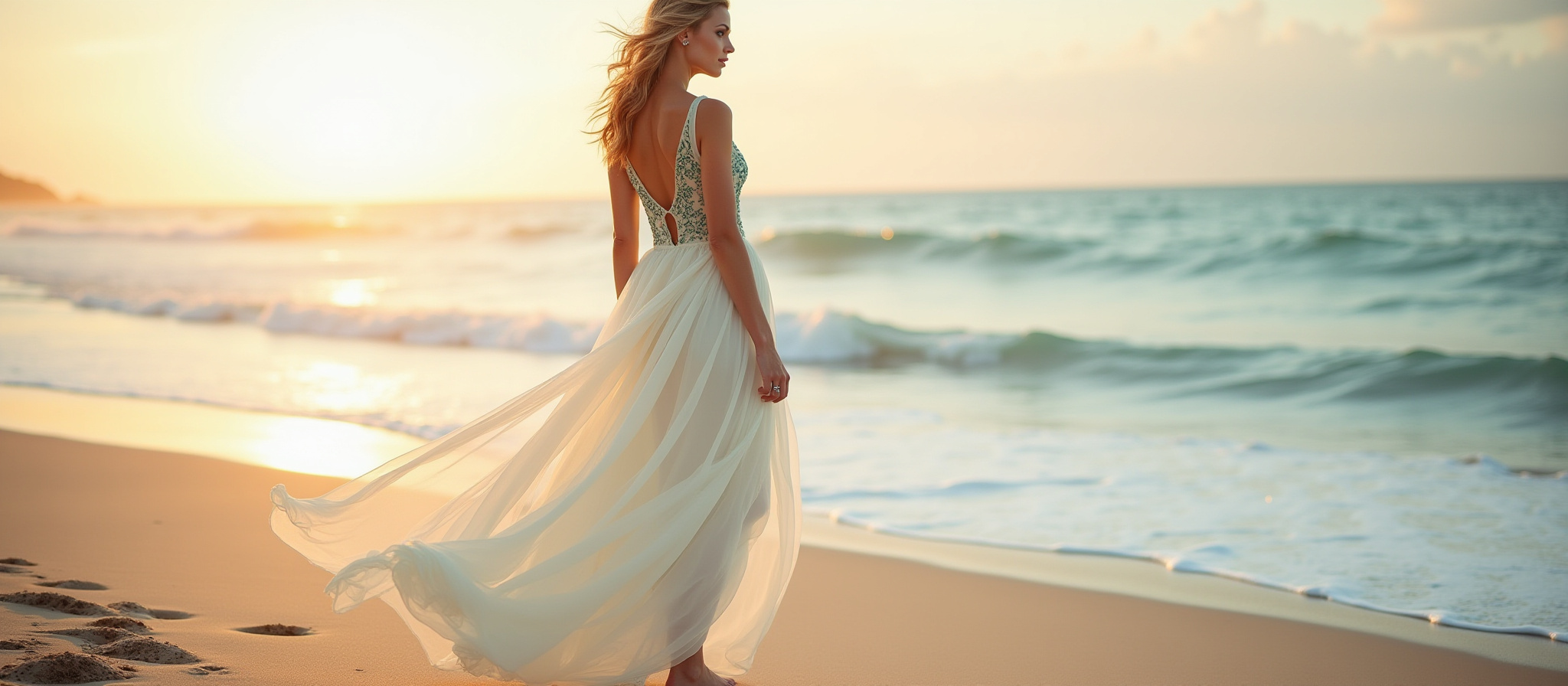 Woman in flowing white dress on beach at sunset
