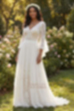 Woman in white lace wedding dress in garden. Emerald Glitter.