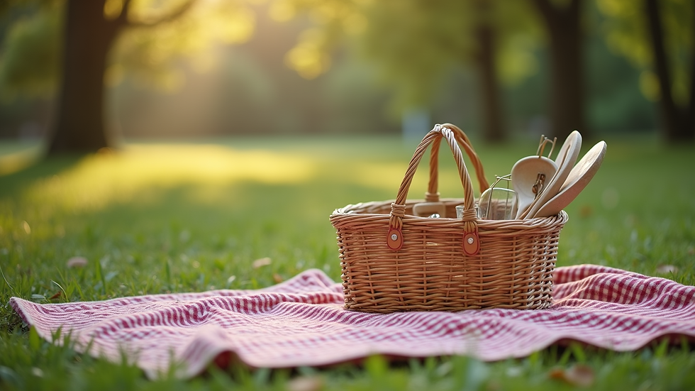Close-up view of a picnic setup with a blanket and basket in a park