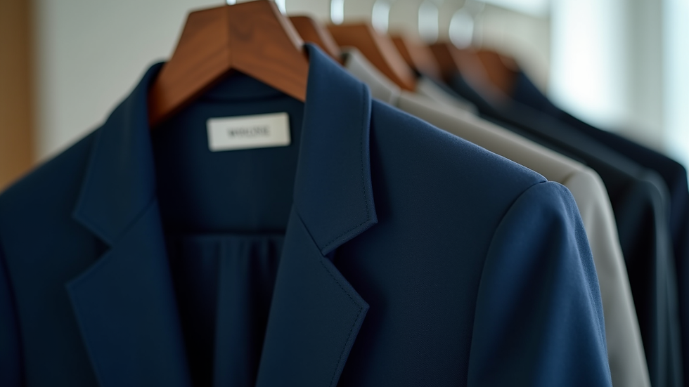 Close-up view of a navy blue blazer on a hanger