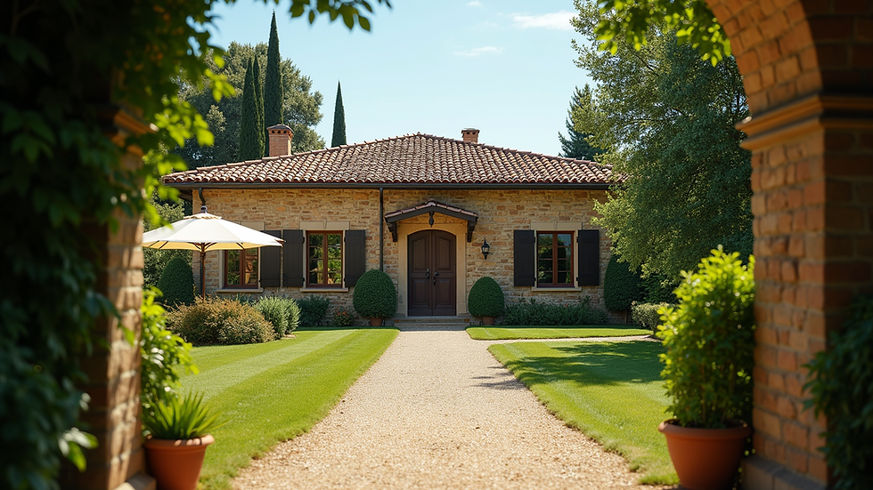 Eye-level view of a rustic Italian villa with terracotta roof and lush garden