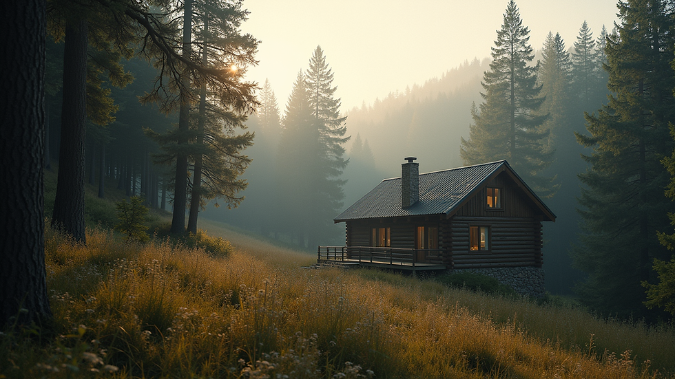 Eye-level view of a serene mountain cabin surrounded by lush green trees in the Carolina Mountains