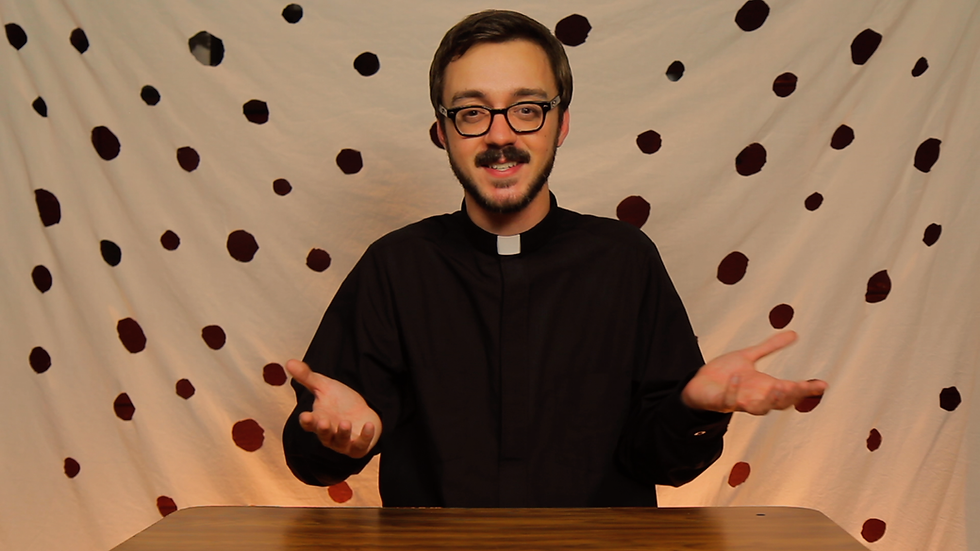 Jozef K. Richards as "Father Jozef" in the top viewed series and episode for the second year running, "Top 10 Commandments in the Bible" from "Holy Shit."