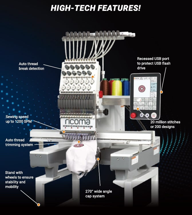 Ricoma Embroidery Machine for Apparel and Garment Industry for T-Shirt & Cap Embroidery Work, For purchase contact us at vardhmaan automation.