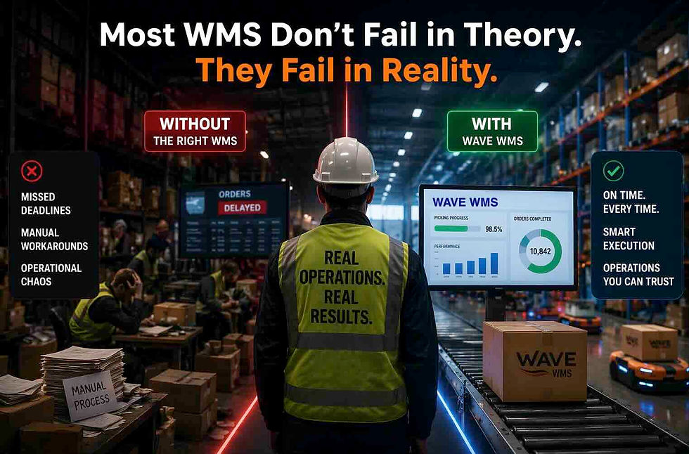Warehouse worker standing between chaotic and efficient operations, illustrating the difference between poor WMS execution and reliable warehouse performance.