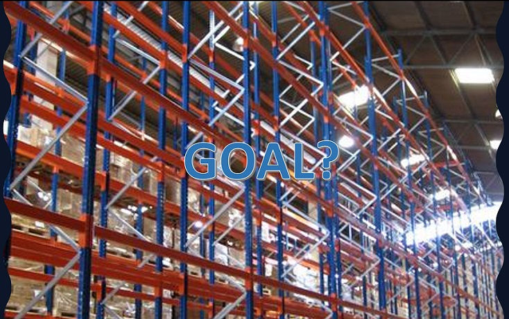 A photo showing empty racks with a question of what are the goals of a warehouse management system?