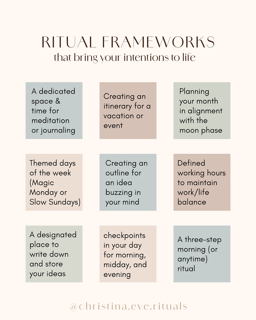 Grid of pastel-hued cards with ritual ideas like meditation space, vacation planning, and work/life balance. Text: "RITUAL FRAMEWORKS."