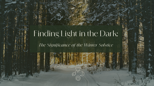 Snow-covered forest path with sunlight filtering through trees. Text: "Finding Light in the Dark: The Significance of the Winter Solstice."