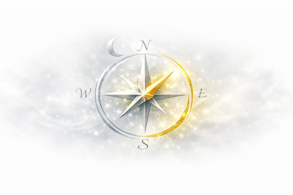 Stijlvolle kompasroos met C, N, E en S, zilver-goud glanzend op witte achtergrond met zachte lichtdeeltjes.