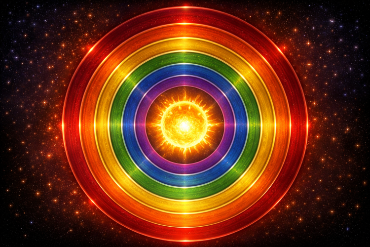 Regenboogkleurige concentrische ringen rond een gloeiende zon in een sterrenhemel, met een futuristische, stralende uitstraling.