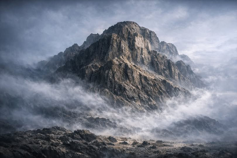 Een imposante berg omgeven door mist, met een dramatische hemel. De rotsen zijn donkerbruin en grijs, waardoor een mysterieuze sfeer ontstaat.
