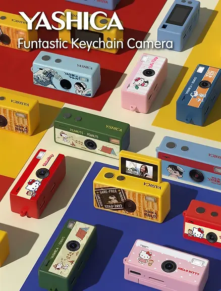 A collection of colourful YASHICA FUNtastic Keychain Cameras arranged together, displayed in different angles