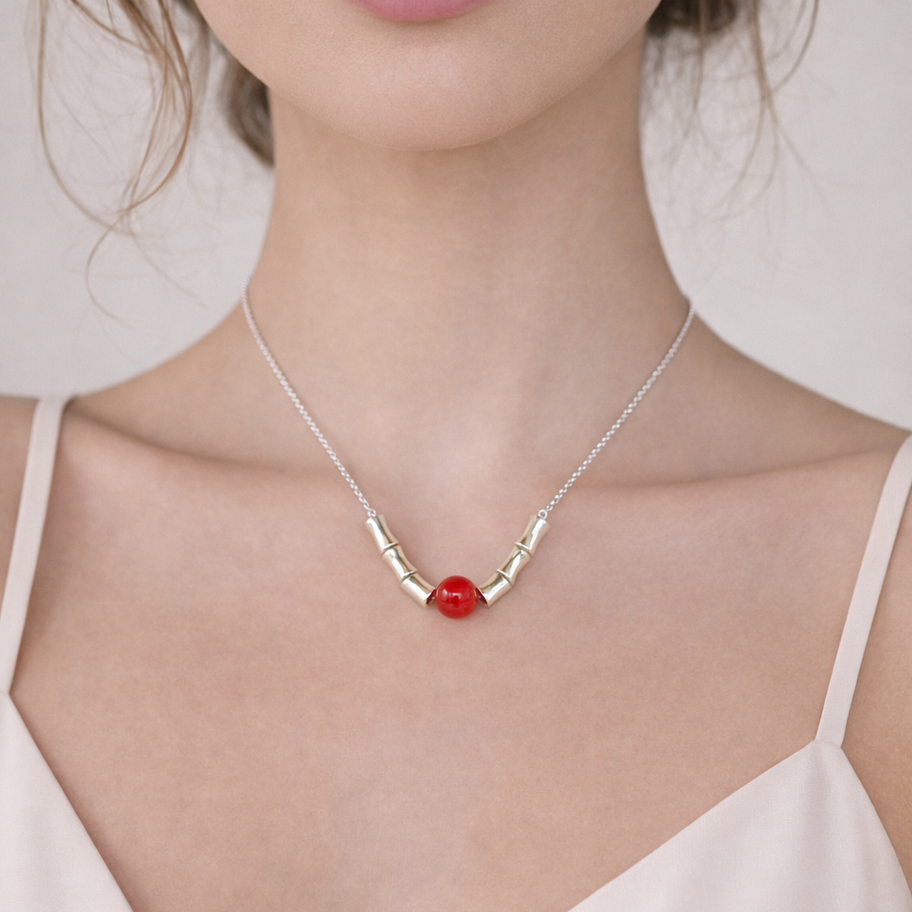 Rouge Bambou Élégant |S925 Sliver Plated Red Bead Necklace | Modern Bamboo Chain