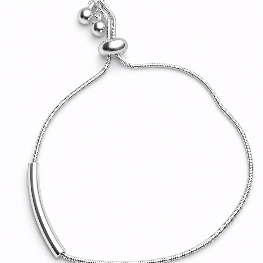 OOH LALA sterling silver slider bracelet with curved bar, adjustable snake chain, minimalist luxury jewellery