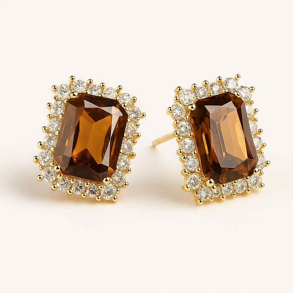 Gold stud earrings featuring rectangular brown gemstones surrounded by a halo of clear stones on a white background.