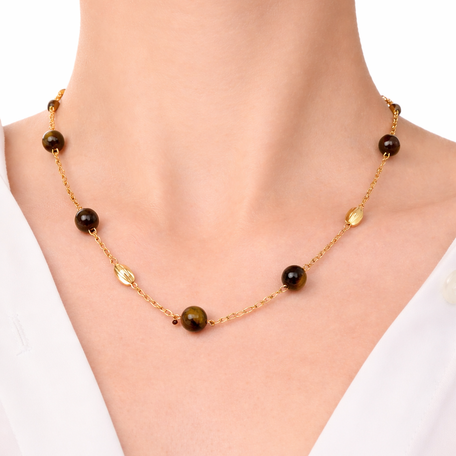 Elegant gold and tiger's eye necklace front
