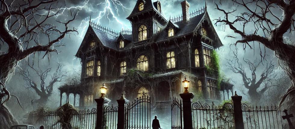 A dark, eerie mansion under a stormy sky with lightning. Bare trees surround a foggy graveyard as a figure stands at the iron gate.